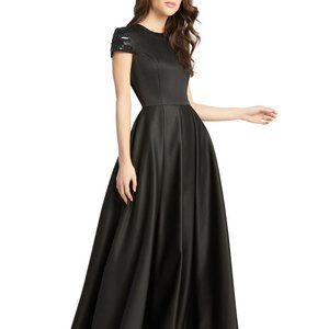 MAC DUGGAL I BEADED CAP-SLEEVE A-LINE SATIN GOWN